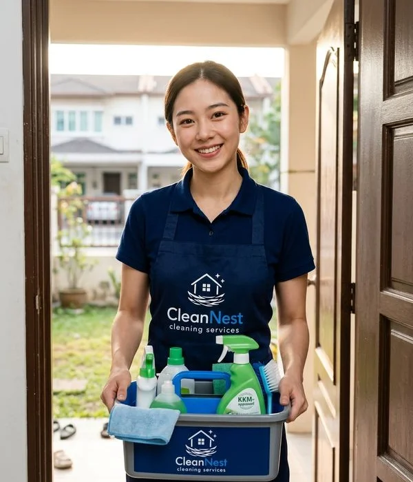 Ketua team CleanNest dengan peralatan cleaning