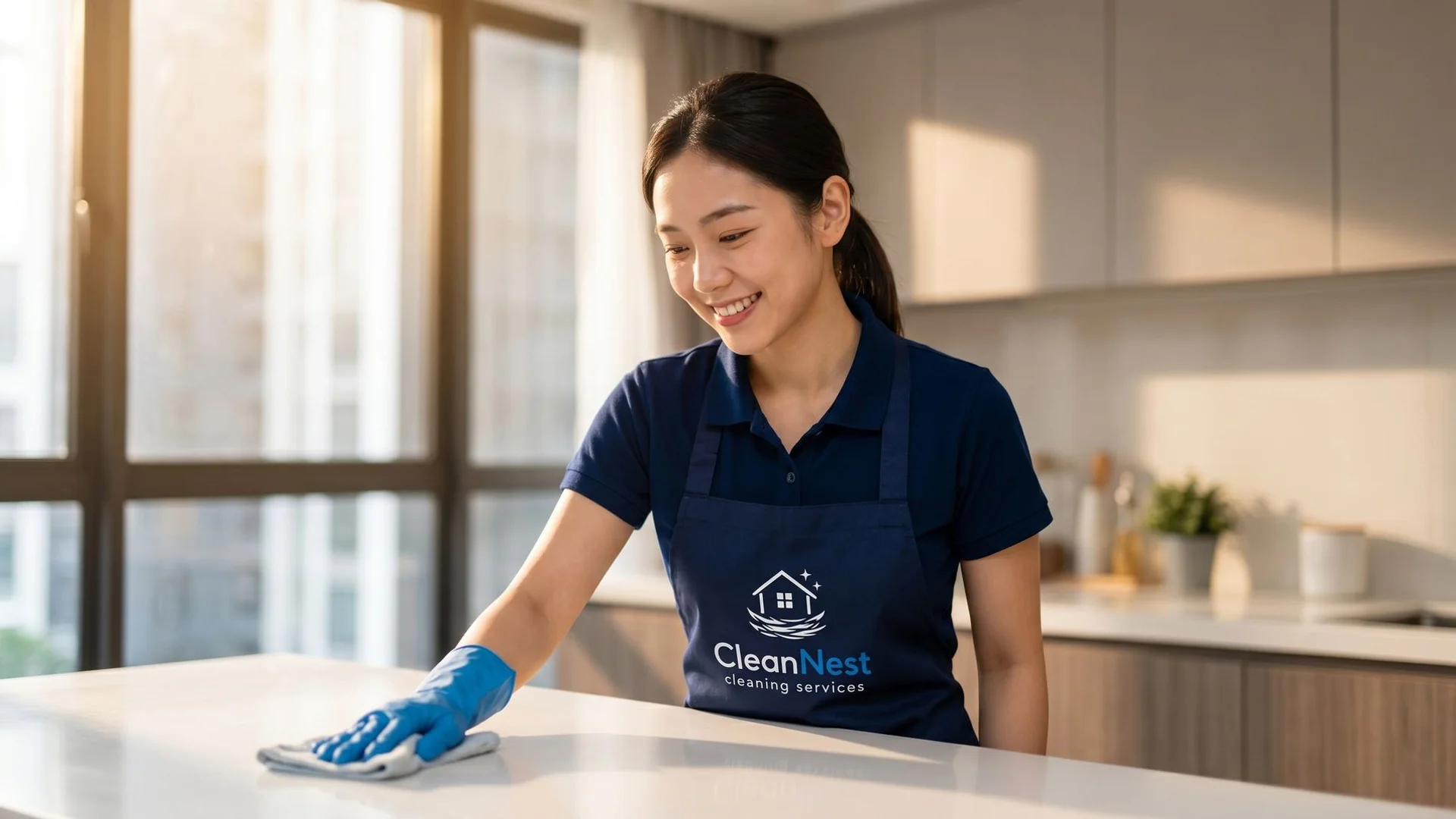 Cleaner CleanNest beruniform mengelap kaunter dapur